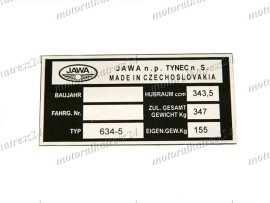 JAWA 350  6V NAMEPLATE /634-5/